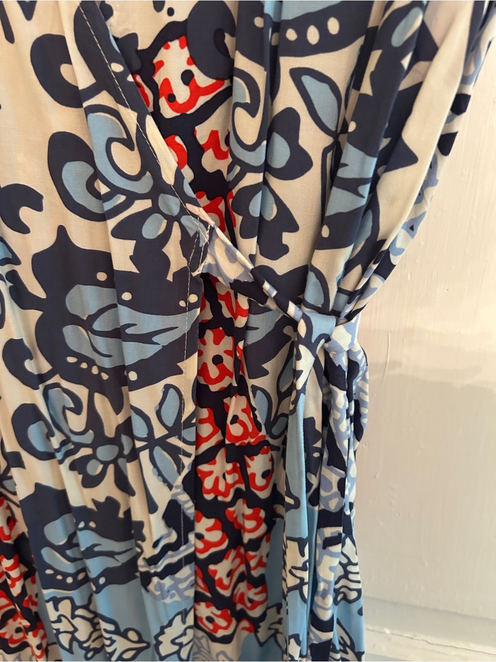 Anthropologie Porridge Sleeveless Patchwork Wrap Midi Dress in Blue and Red - Picture 4 of 5